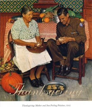 ノーマン・ロックウェル Painting - 感謝祭の母と息子 ジャガイモの皮をむく 1945 年 ノーマン ロックウェル